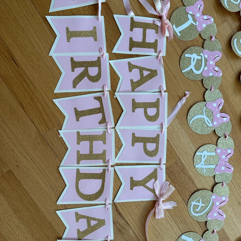 TWO Happy 1st Birthday Banners + month pic banner Minnie pink gold - Picture 3 of 7